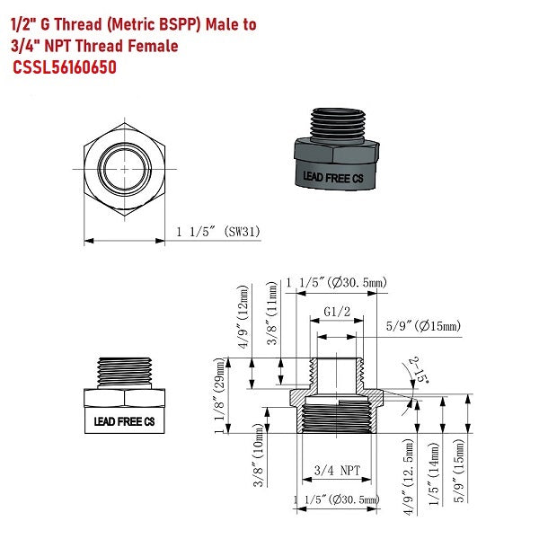 G Thread (Metric BSPP) Male to NPT Female Adapter - Lead Free (1/2" x 3/4") - Cascada Showers | Water Pipe fitting adapter, 3/4 to 1/2 adapter, 3/4 female to 1/2 male reducer, 1/2 to 3/4 adapter plumbing, g 1/2, 1/2 to 3/4 adapter, 1/2 male to 3/4 female adapter, 1/2 inch to 3/4 adapter, g 1/2 connection, Cascada pipe fitting adapter plumbing,3/4 female to 1/2 male, 3/4 female to 1/2 male reducer, pluming pipes, 1/2 inch to 3/4 inch adapter, water pipe fittings adapter, plumbing fittings