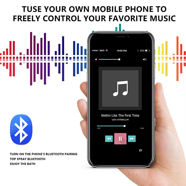 Cascada Royale built-in Bluetooth speaker infographic – phone music streaming shower head