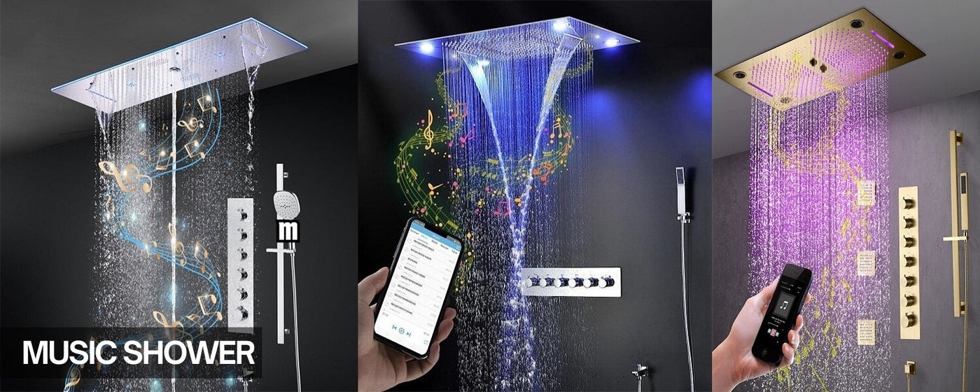 Music shower system with built-in Bluetooth speakers