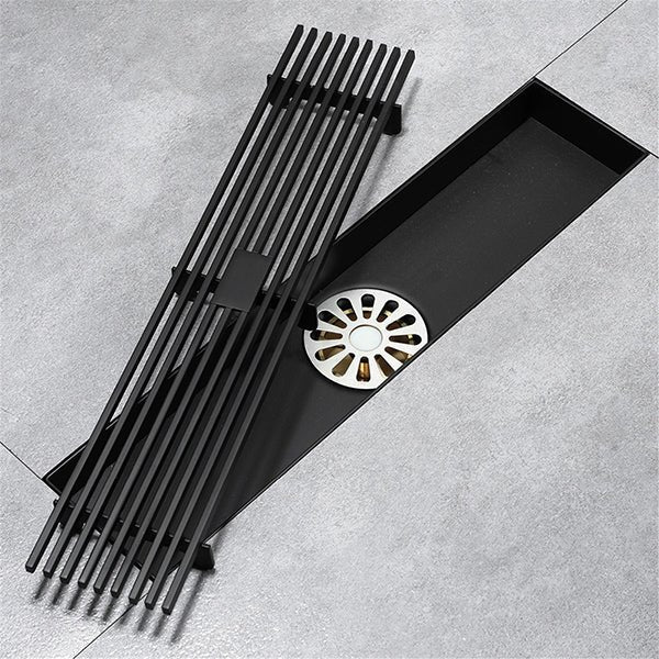 Cascada 12" matte black floor drain with hair-trapping grille and 2" center outlet