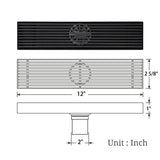 Dimensions of Cascada 12" Matte Black Linear Shower Drain with 2" Center Outlet