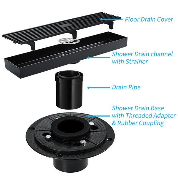 Modern black stainless steel linear drain for bathroom, kitchen, or laundry use