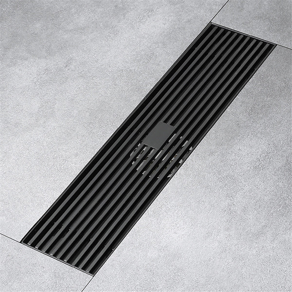 Matte black 12" linear shower drain with rectangular grille and stainless steel body
