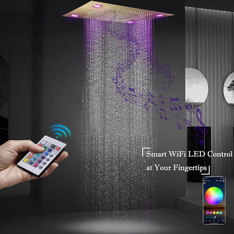 23x31 LED rainfall shower head in brushed gold finish