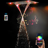 Ceiling-mounted LED shower head with color-changing lights on
