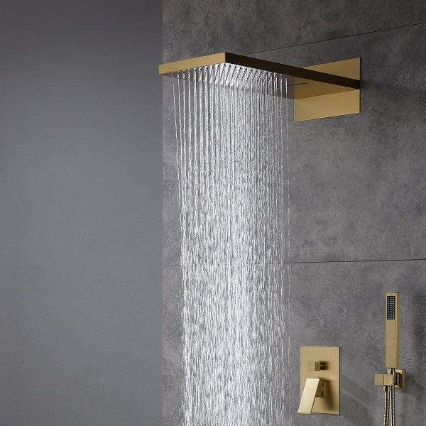 Brushed gold wall mounted shower system with rainfall and waterfall head