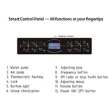 Smart control panel with labeled functions of Cascada Amalfi 67-inch freestanding whirlpool bathtub in luxury bathroom