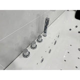 Close-up of a bathtub with faucet and control knobs of Cascada Amalfi 67-inch freestanding whirlpool bathtub in luxury bathroom