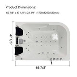 Dimensions of a hot tub with measurements labeled of Cascada Amalfi 67-inch freestanding whirlpool bathtub in luxury bathroom
