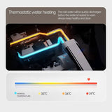 Thermostatic water heating system with temperature display and text.