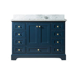 Bathroom vanity with brushed gold hardware and White Carrara marble top