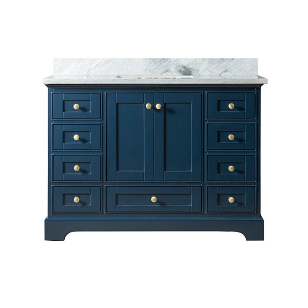 Bathroom vanity with brushed gold hardware and White Carrara marble top