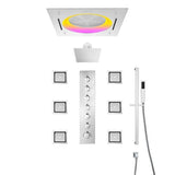 Ceiling-mounted rainfall shower in chrome with body jets and handheld spray