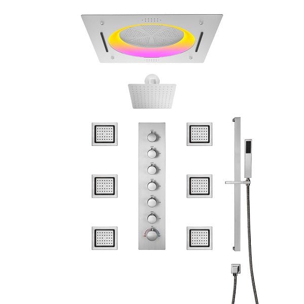 Cascada Bellagio 22-inch LED shower head with ceiling mount and waterfall spray