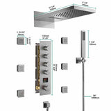 Shower system with dimensions labeled on a white background