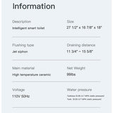 Technical specifications of an intelligent smart toilet on a white background