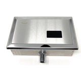 A concealed sensor urinal flush valve with a rectangular shape and a stainless steel finish.
