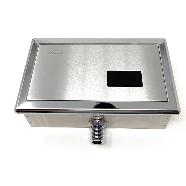 A concealed sensor urinal flush valve with a rectangular shape and a stainless steel finish.