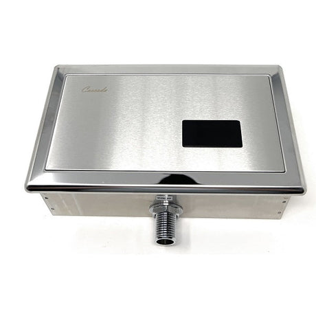 A concealed sensor urinal flush valve with a rectangular shape and a stainless steel finish.