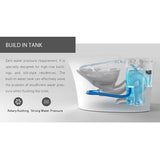 Toilet water tank with blue water inside, featuring text about its features of Cascada Florence smart toilet