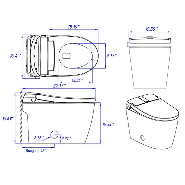 Cascada Milano smart toilet dimensions chart showing 27-inch length 15-inch width for 12-inch rough-in