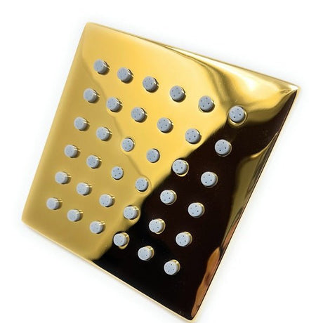Square gold-tone shower head with multiple evenly spaced spray nozzles.