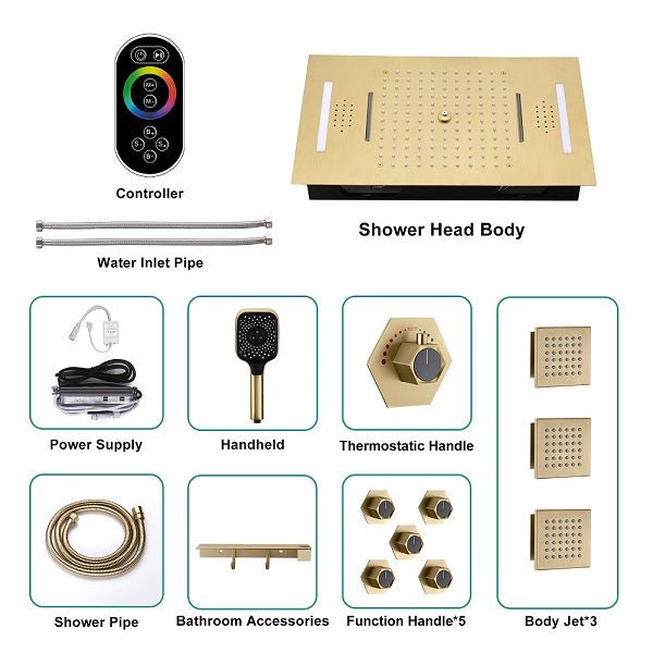 Cascada Positano 15"x23" Brushed Gold Music LED Shower System - Cascada Showers