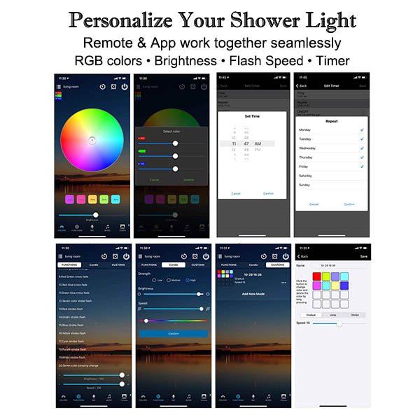 Smartphone app interface showing controls for RGB shower lighting, brightness, flash speed, and scheduling.