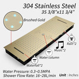 Cascada Riviera 12"x36" Brushed Gold LED Bluetooth Shower System - Cascada Showers