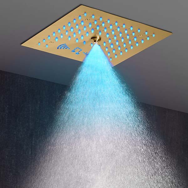 Cascada Royale recessed ceiling shower head warm yellow LED lighting – rainfall water flow