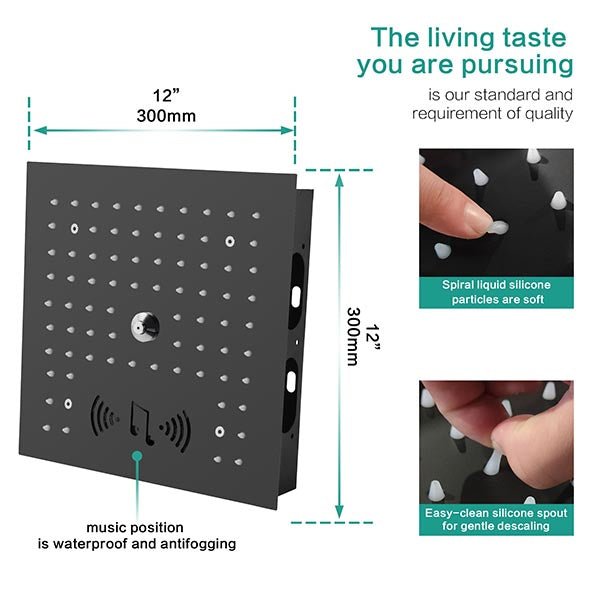 Cascada Royale recessed ceiling shower head dimension diagram – 12 x 12 inch installation size