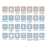  multiple small square icons with labels such as one solution, auto deodorant, dryer temp adjust, water pressure adjustment, the radar sensor, rotate kash control, 2.4G wireless remote control, water temp adjust, rear-wash, front wash, movable wash, constant temp washing, child wash, lady care wash, strong wash, nozzle position adjust, soft wash with patent, antibiosis nozzle, auto wash nozzle, heated seat, massage wash, soft close, breathe light, night light, seat sensor, toilet cover auto open/close, cons