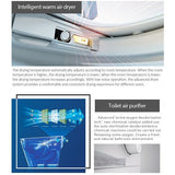 An informational product graphic for a Cascada Torino smart toilet warm air dryer and toilet air purifier. The top section shows a close-up of a warm air dryer with text explaining adaptive drying temperatures.