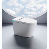 Modern white toilet bowl with a cloud-patterned wall in the background