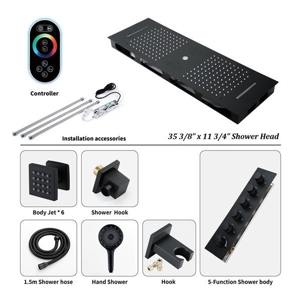 Cascada Victoria 12"x36" Matte Black LED Bluetooth Shower System - Cascada Showers