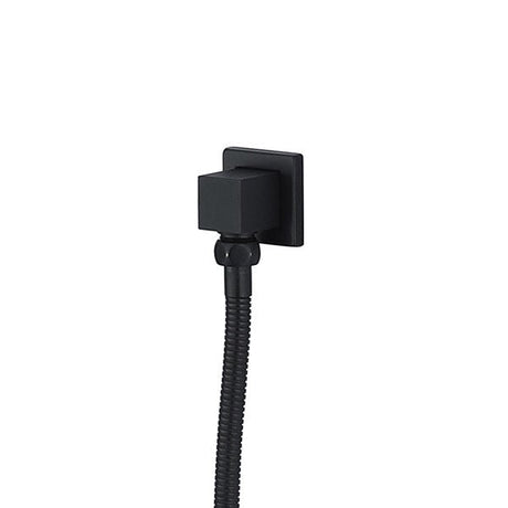 Black shower head with flexible hose of Cascada square brass shower elbow wall mounted