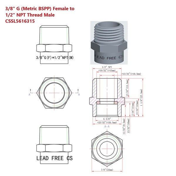 High-quality 3/8" BSPP to 1/2" NPT thread converter, ideal for plumbing and hydraulic use.