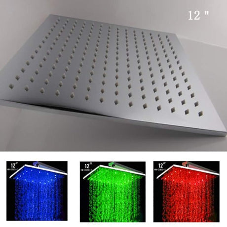 LED rainfall shower head showing blue, green, and red temperature colors