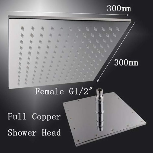 LED rainfall shower head showing blue, green, and red temperature colors