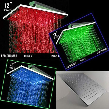 12 inch square LED rainfall shower head with temperature color indicator