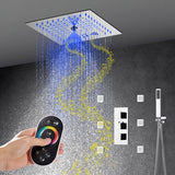 Square stainless steel rainfall shower head with built-in LED lighting strips
