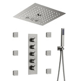 Cascada Luxury 12” Music LED shower system with built-in Bluetooth Speakers, 4 functions (Rainfall, Misty, Body jets & HandShower) & Remote Control 64 Color Lights cascada system LED bluetooth shower head speaker hot cold music rain rainfall musical lights showerhead body spray jet waterfall misty ceiling mounted handheld high pressure multicolor holder thermostatic chrome oil rubbed bronze mixer remote control