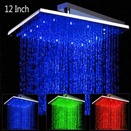 LED rainfall shower head showing blue, green, and red temperature colors