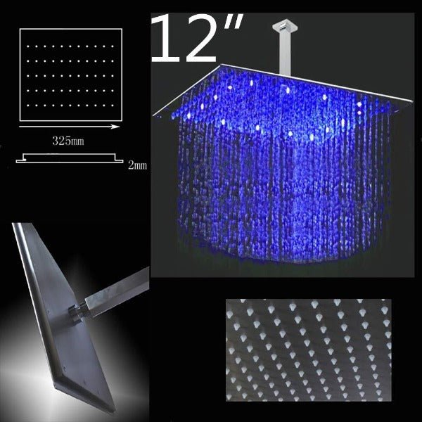 Rainfall shower head with integrated LED lighting and standard 1/2 inch connection
