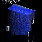 12"x24" Rainfall LED Shower Set Double-Function Valve, Brass Handheld Shower showerhead system rain head shower handheld set complete led bathroom waterfall heads light rainfall Thermostatic 6 Massage Jets Spray Body Shower Set for lights bathroom set Antique Brushed Brass Finish color change wall complete shower set bathroom rainfall shower head with handheld