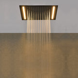 Cascada Luxury 14" x 20" Square Ceiling Mounted LED Shower System With 2-Way Thermostatic Valve (3 knobs), 2 Mode Function (Rainfall & Handheld Shower) shower head with handheld rain White LED & NON LED rainfall 3 valve handle shower heads high pressure black hand held system holder matte fixtures gold kit chrome oil rubbed bronze mixer modern ceiling mount 2 way thermostatic square showers system