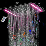Cascada Luxury 14" x 20" Square Ceiling Mounted LED Shower System With 2-Way Thermostatic Valve (3 knobs), 2 Mode Function (Rainfall & Handheld Shower) shower head with handheld rain White LED & NON LED rainfall 3 valve handle shower heads high pressure black hand held system holder matte fixtures gold kit chrome oil rubbed bronze mixer modern ceiling mount 2 way thermostatic square showers system