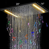 Cascada Luxury 14" x 20" Square Ceiling Mounted LED Shower System With 2-Way Thermostatic Valve (3 knobs), 2 Mode Function (Rainfall & Handheld Shower) shower head with handheld rain White LED & NON LED rainfall 3 valve handle shower heads high pressure black hand held system holder matte fixtures gold kit chrome oil rubbed bronze mixer modern ceiling mount 2 way thermostatic square showers system