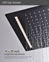 Cascada Luxury 14" x 20" Square Ceiling Mounted LED Shower System With 2-Way Thermostatic Valve (3 knobs), 2 Mode Function (Rainfall & Handheld Shower) shower head with handheld rain White LED & NON LED rainfall 3 valve handle shower heads high pressure black hand held system holder matte fixtures gold kit chrome oil rubbed bronze mixer modern ceiling mount 2 way thermostatic square showers system