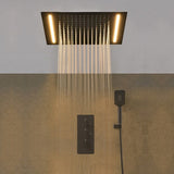 Cascada Luxury 14" x 20" Square Ceiling Mounted LED Shower System With 2-Way Thermostatic Valve (3 knobs), 2 Mode Function (Rainfall & Handheld Shower) shower head with handheld rain White LED & NON LED rainfall 3 valve handle shower heads high pressure black hand held system holder matte fixtures gold kit chrome oil rubbed bronze mixer modern ceiling mount 2 way thermostatic square showers system